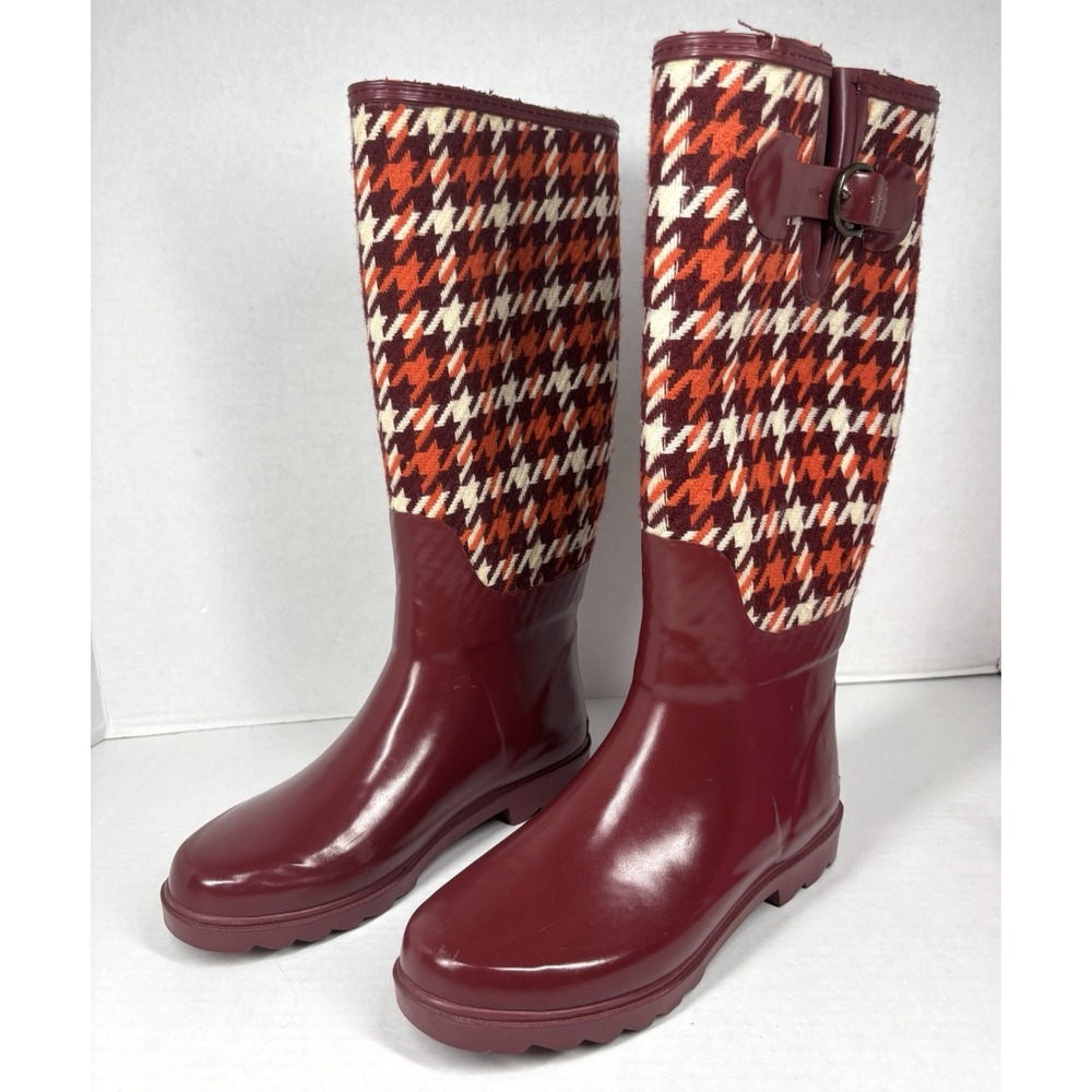 Banana Republic Womens‎ 6 Houndstooth Rain Boots Maroon Orange Tweed Retro 70s - Picture 11 of 11